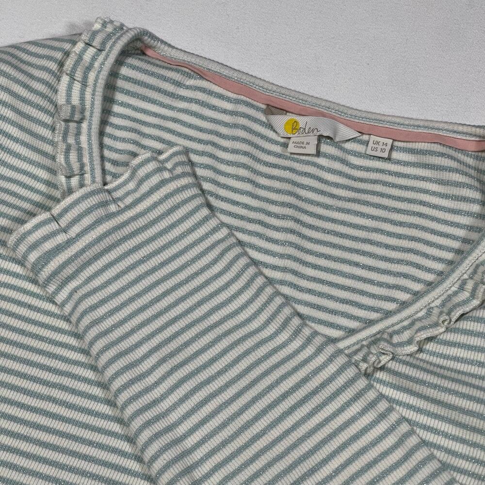Boden Metallic Stripe Ruffle Neck Long Sleeve Top US 10